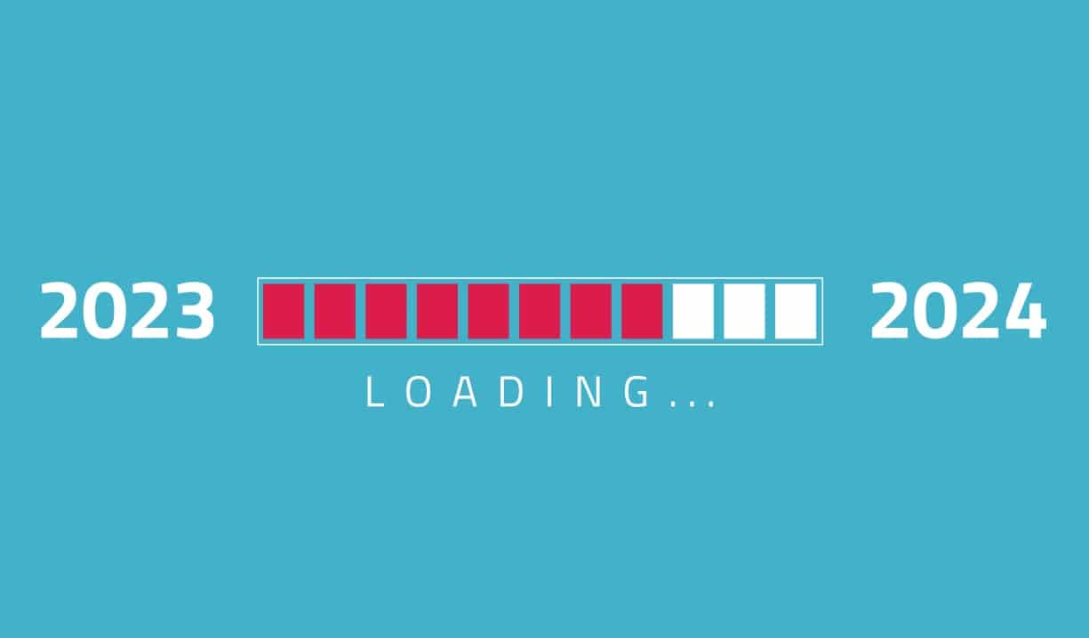 Year end tax planning represented by image of Loading new year 2023 to 2024 in progress bar.